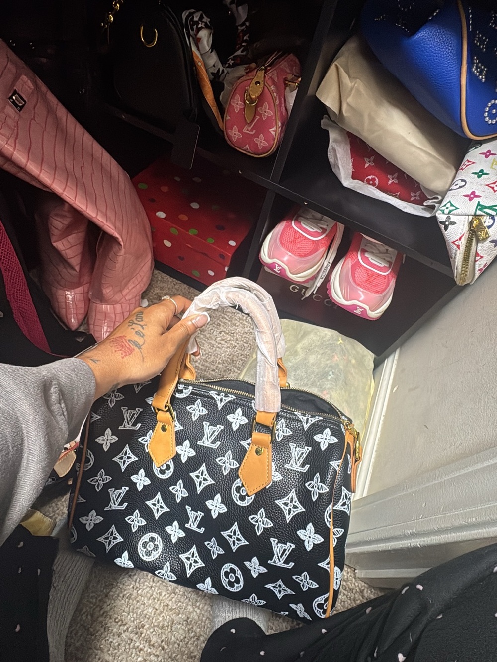 Black Satchel with White Monogram Print and Tan Trim